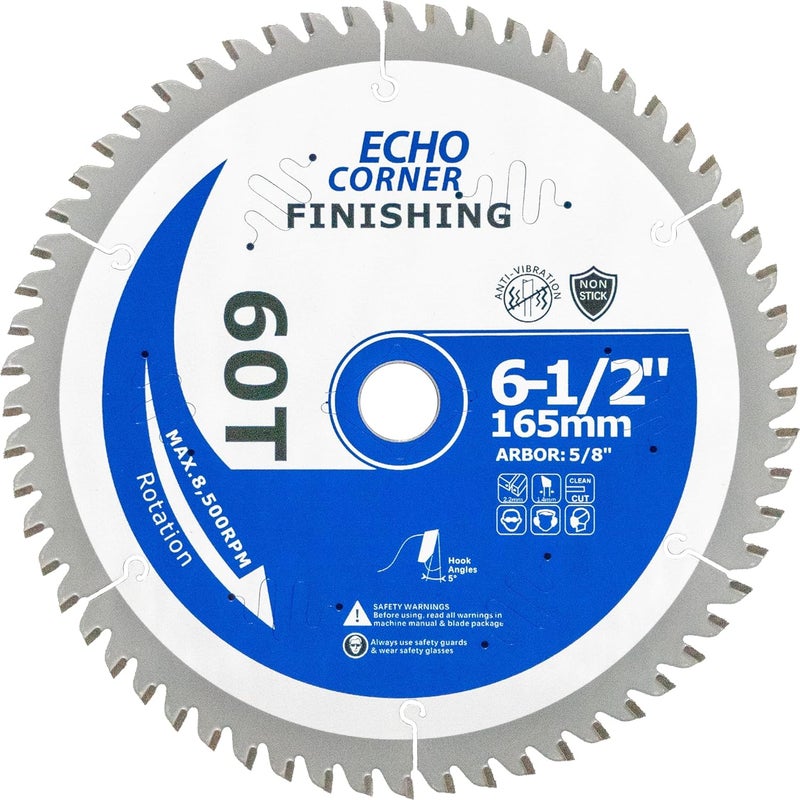 Echo Corner 6-1/2 Inch Fine Finish Circular Saw Blade, Thin Kerf 60T, Non-Stick Coating, 5/8 Inch Arbor, Diamond Knockout - Image 1